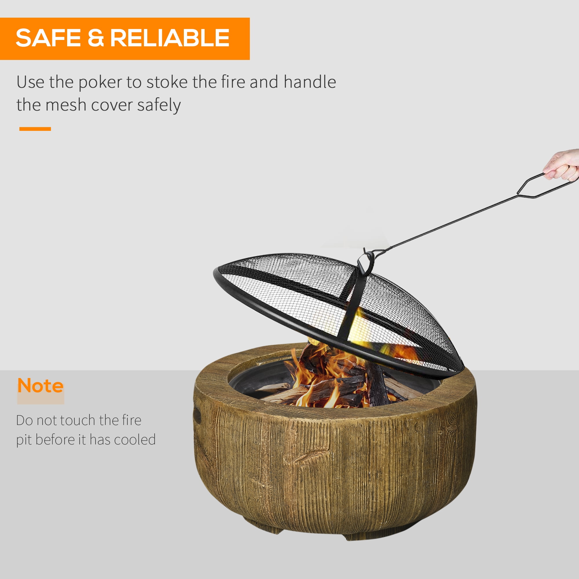 Outsunny Outdoor Fire Pit, 24 Inch Metal Wood Burning Fireplace with Spark Cover, Poker, Woodgrain Design for Patio, Picnic, Backyard, Light Brown