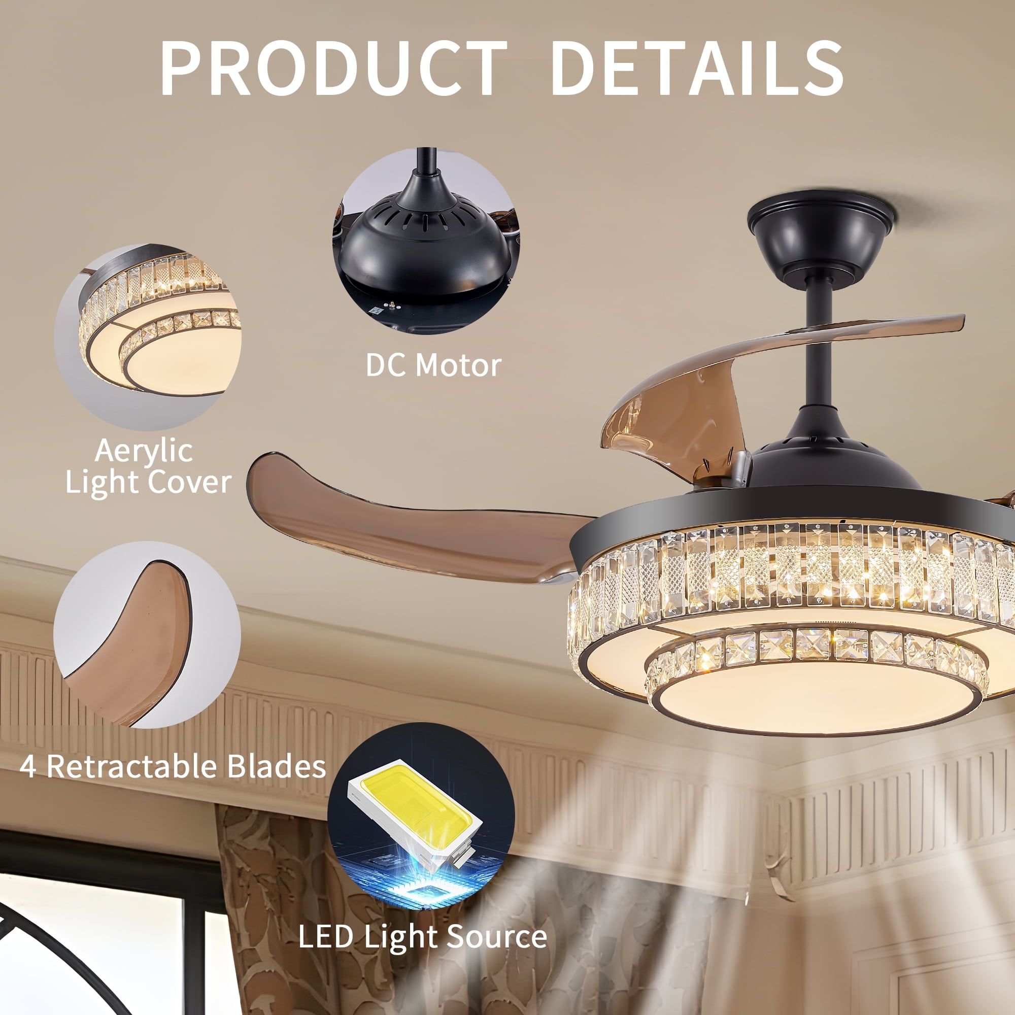 Jopath 48" Retractable Crystal Ceiling Fan with Light and Remote Control, 6-Speed Quiet ,4 Blades Modern Ceiling Fans for Kitchen Bedroom Dining Room Patio