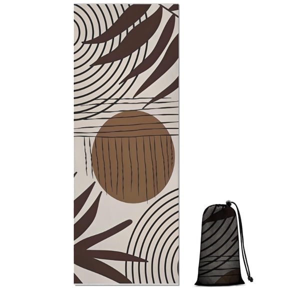 Brown Boho Geometric and Plant Pattern Hot Yoga Mat Towel Non Slip for Hot Yoga - Quick-Drying Yoga Mat Cover with 4 Corner Pockets with Travel Bag - Hot Yoga Towel Non Slip 70"x26"