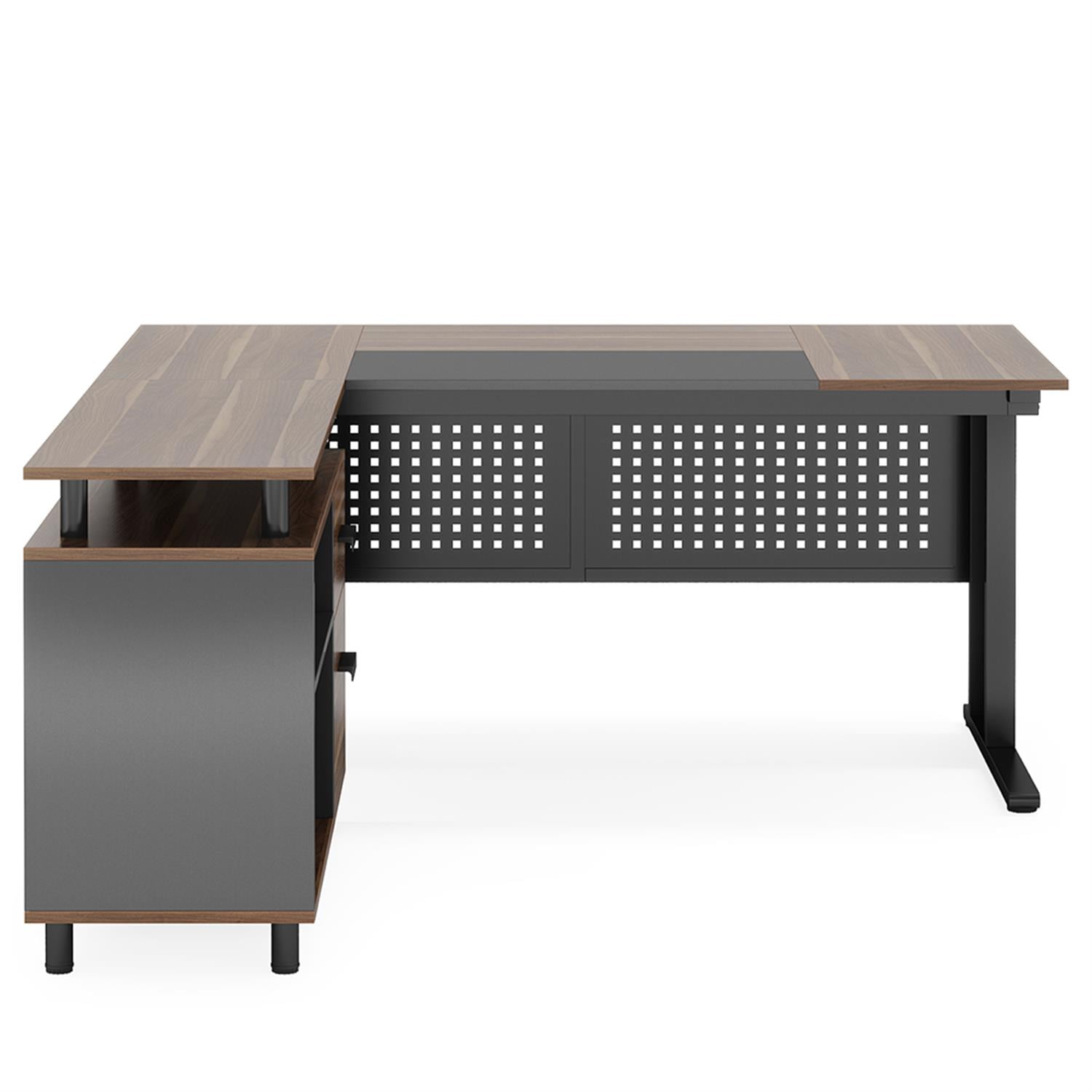 Demi Bonn 63" L-Shaped Computer Desk with File Cabinet and 2 Drawers, Corner Office Desk Study/Writing Table for Home Office Gaming, Beige & Black