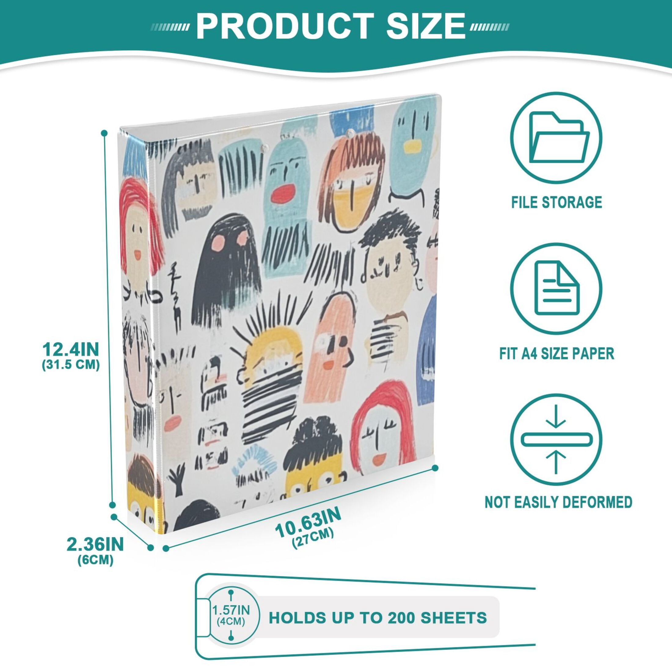 Doodle Faces 3 Ring Binders 1.5 inch Hardcover File Folders with Interior Pockets A4 Size Organizer for School Office Hospital