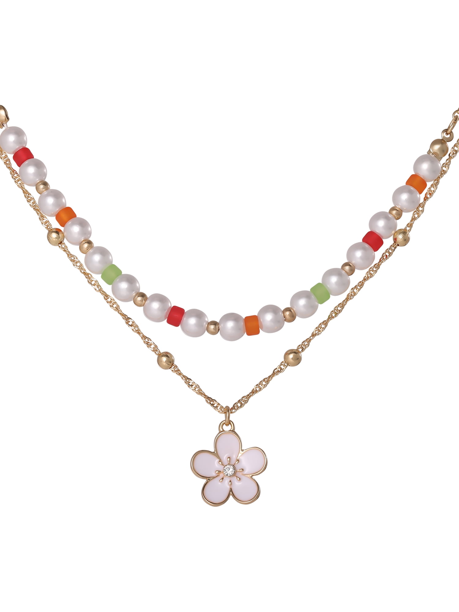 Celebrity Pink Women's Layered Flower Charm Necklace with Adjustable Chain