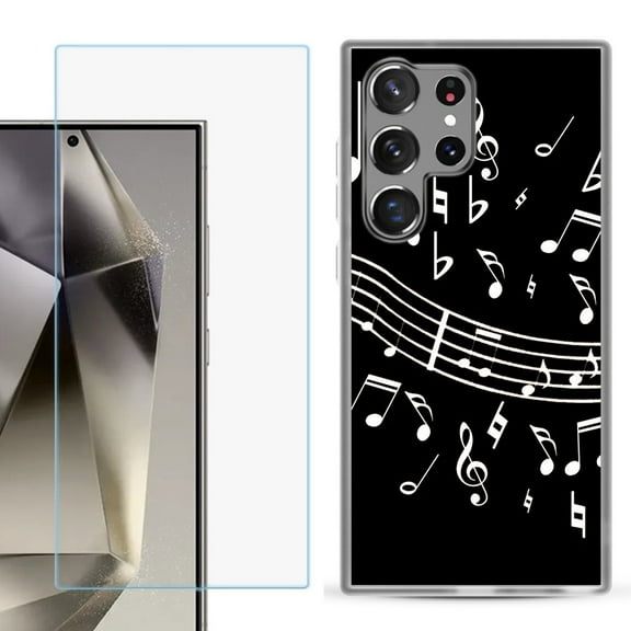 For Samsung Galaxy S25 Ultra 5G Phone Case Cover with Tempered Glass Screen Protector, by OneToughShield - Music Notes / Black