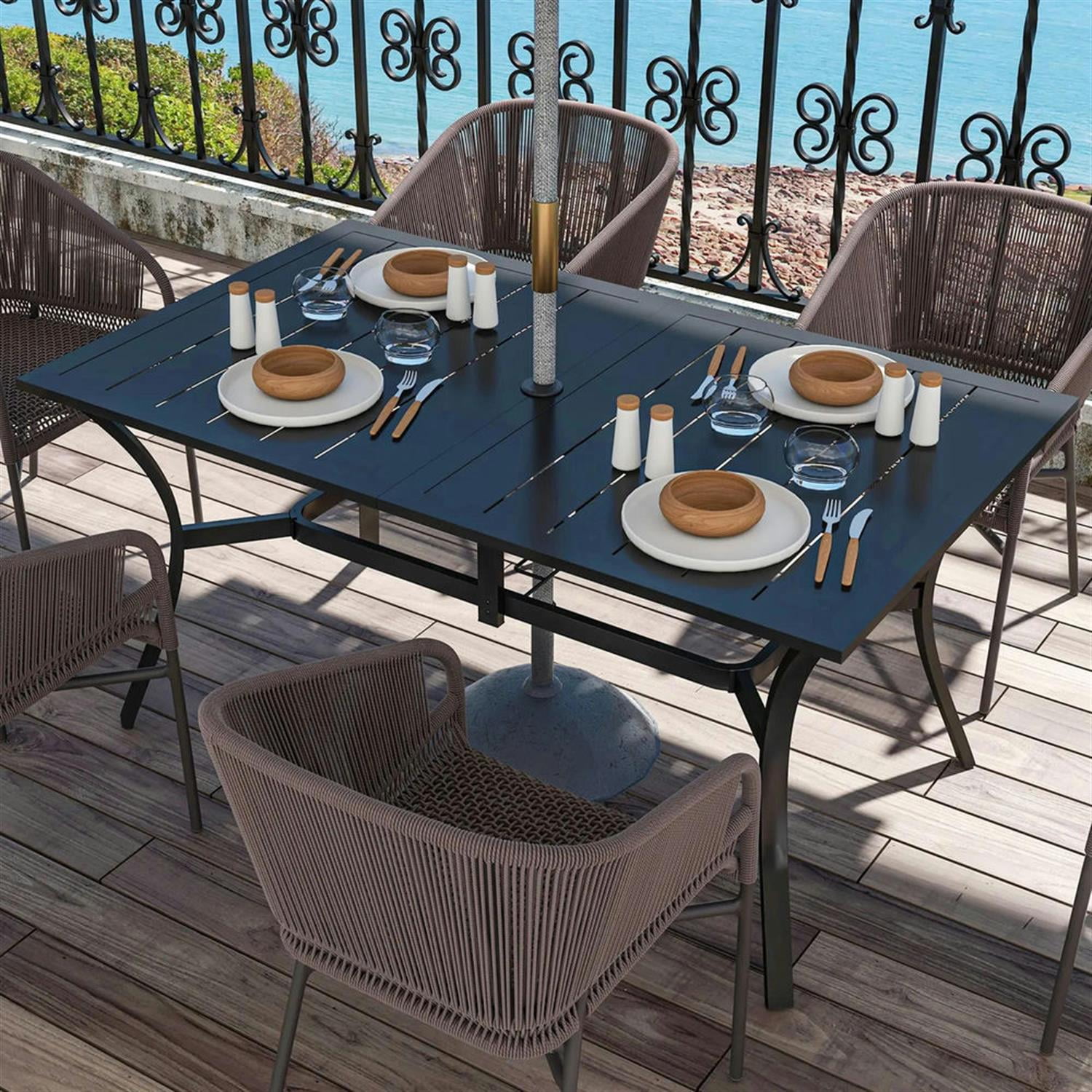 Demi Bonn 59" Outdoor Dining Tables, Steel Rectangular Patio Table for 4 to 6 People for Dining Room, Home Office, Garden, Black