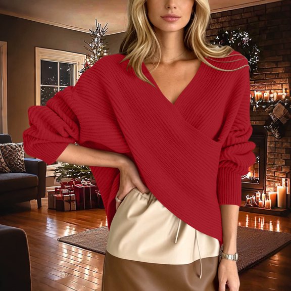 IUYRTFE Women's Cross V Neck Off Shoulder Knit Sweater Loose Fit Casual Batwing Sleeve Pullover Top