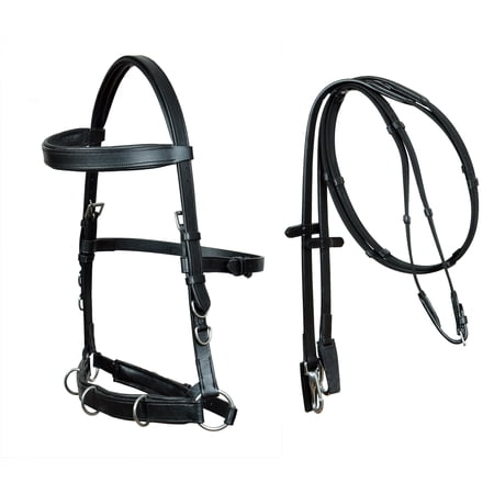 Horse English Training Black Leather Padded Bridle Nylon Webb Reins 803HI39BK-F