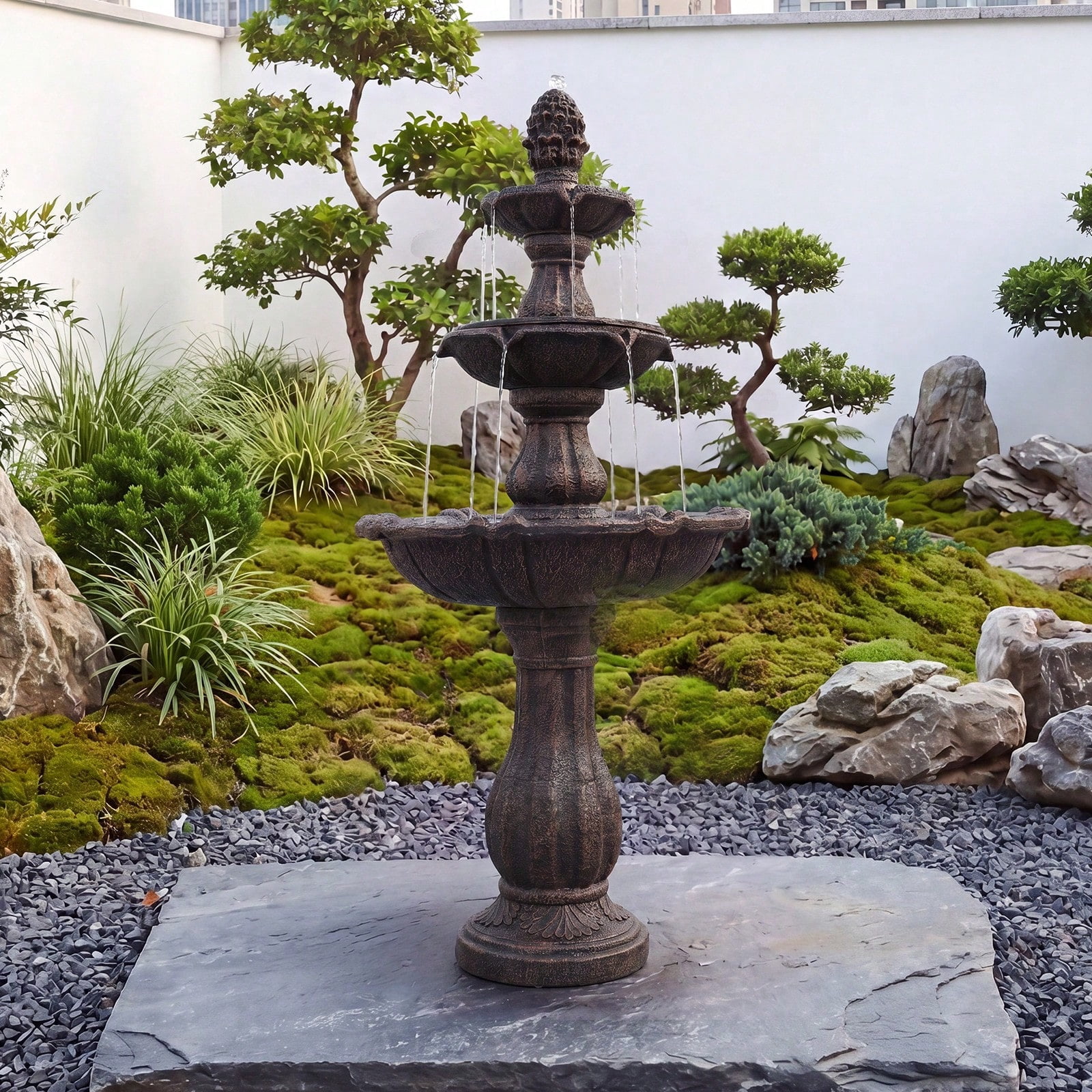 50.5 Inch 3-Tier Solar Outdoor Water Fountain, Pineapple Top Pedestal Waterfall with Warm LED Lights, Weather UV Resistant Resin, Low Noise Energy Saving, for for Yard Patio Home Decor