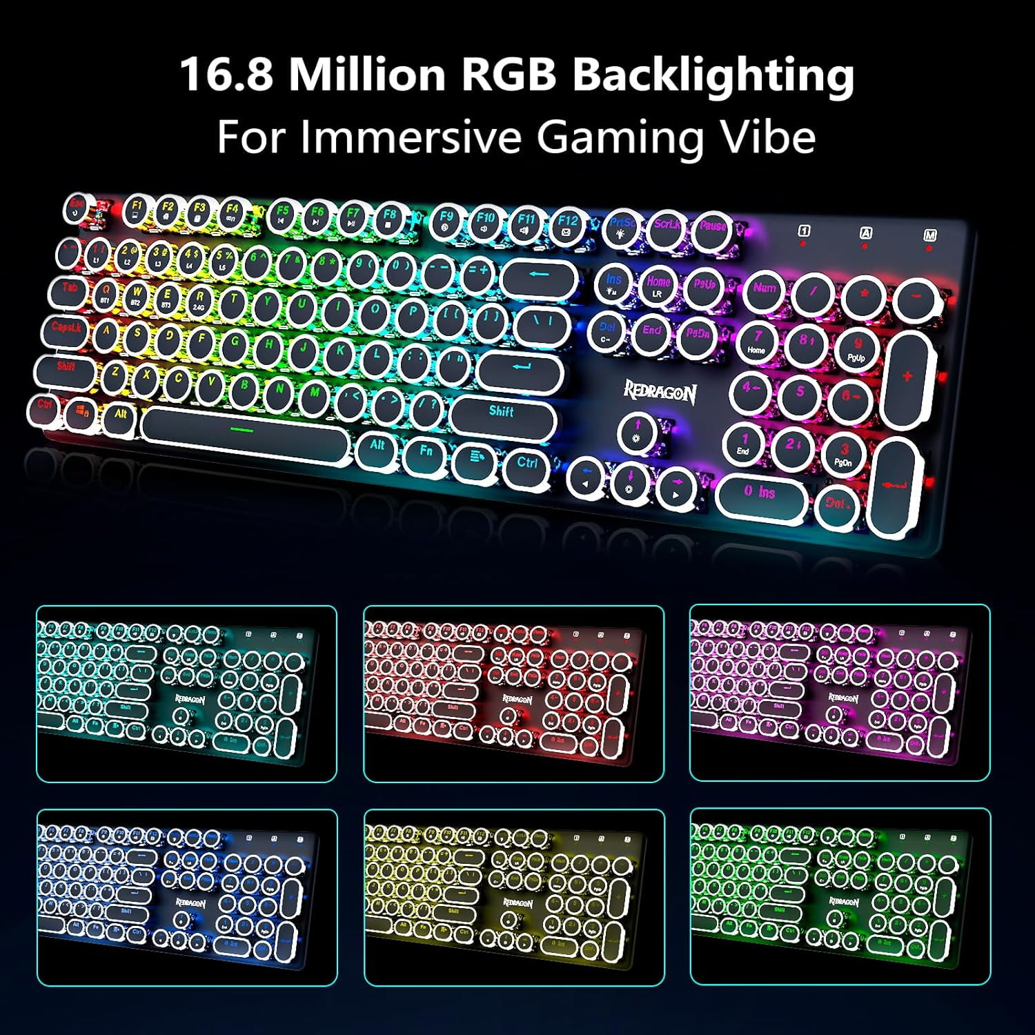 Wireless Typewriter Mechanical Keyboard with Backlight, Blue Clicky Switches, Rechargeable Battery, Solid Metal Panel, and Round Keycaps