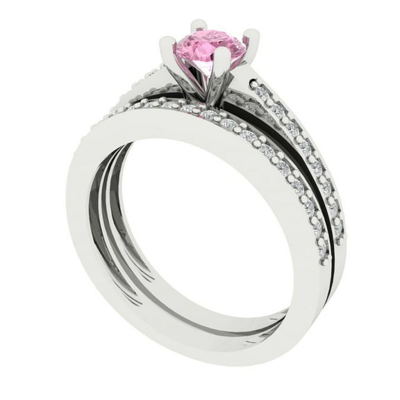 Clara Pucci 14K White Gold Round Cut 0.5Ct Simulated Pink Diamond Engagement Ring   Matching Band - Luxury Box Included