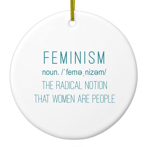 DistinctInk Hanging Ceramic Christmass Tree Ornament with Gold String - Great Gift / Present - 2 3/4 inch diameter - Feminism Definition Women Are People