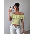 thumbnail image 6 of Women'S Off the Shoulder Blouse Ruffle Short Sleeve Smocked Going Out Crop Tops Green L, 6 of 9