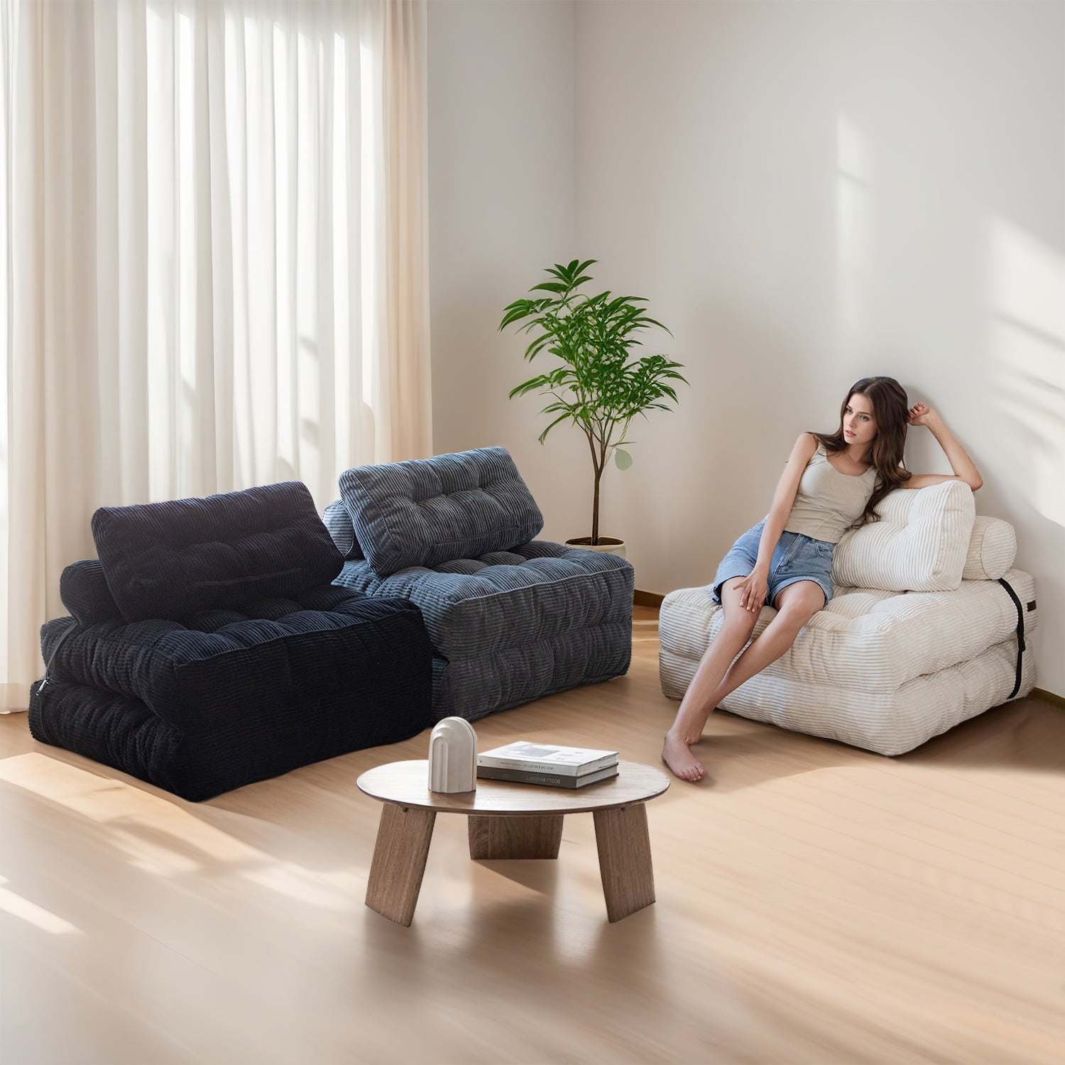 BYBYME Folding Sofa Bed,Convertible Floor Couch for Adult with Pillow with High Density Foam Filling,Comfort Floor Sofa Portable Sleeper Chair for Bedroom Living Room,Beige,Single
