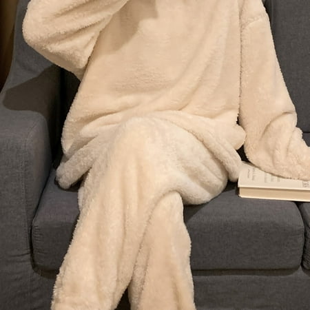 

2-Piece Women‘s Autumn & Winter Warm Simple Pajamas Set Solid Crew Neck Top Pajamas & Fluffy Elastic Waistband Pants Women‘s Loungewear & Sleepwear