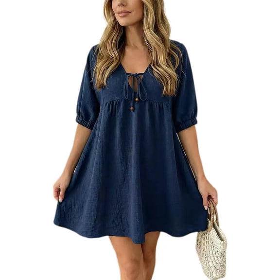 otnbgsr women's 2026 summer dress casual V-neck bow short sleeved empire waist A-line mini dress