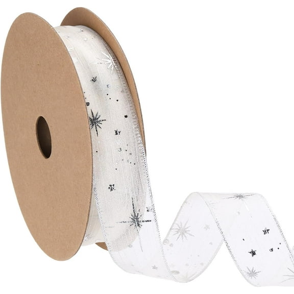 Organza Star Ribbon Wired, 1 Inch Wide 20 Yards Tree Print Sheer Glitter Ribbon for Gift Wrapping Garland Bouquet Ornaments Party Decorations (white)