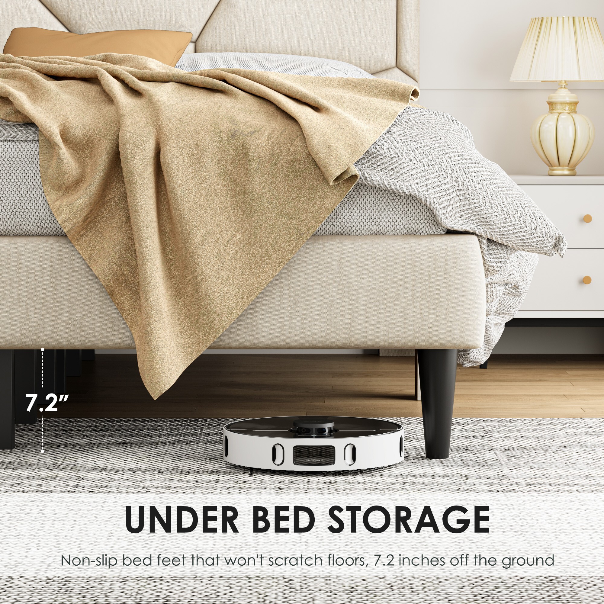 AENKYO Full Size Upholstered Platform Bed Frame with Linen Headboard, Sturdy Support, No Box Spring Needed, Beige