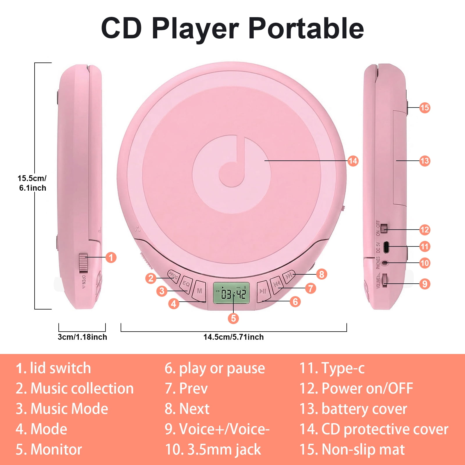 Hotmuscd Portable CD Player with Earphones,CD Discman with Anti-Skip Shockproof Protection,Support PROG Memory Function for Car Home,Pink