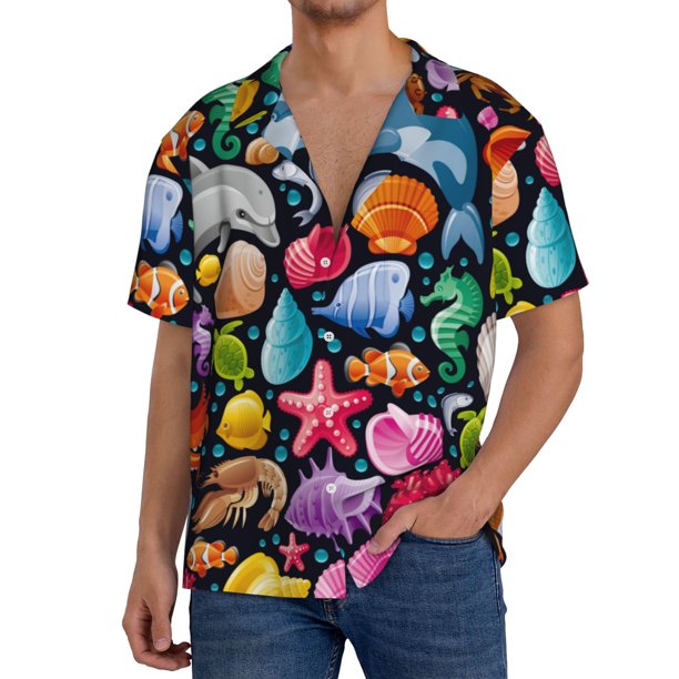 Balery Underwater Diving Animals Camisa Casual de Manga Corta con Botones para Hombre, Texturizada, Estilo Cubano, para Playa, Verano-3X-Large