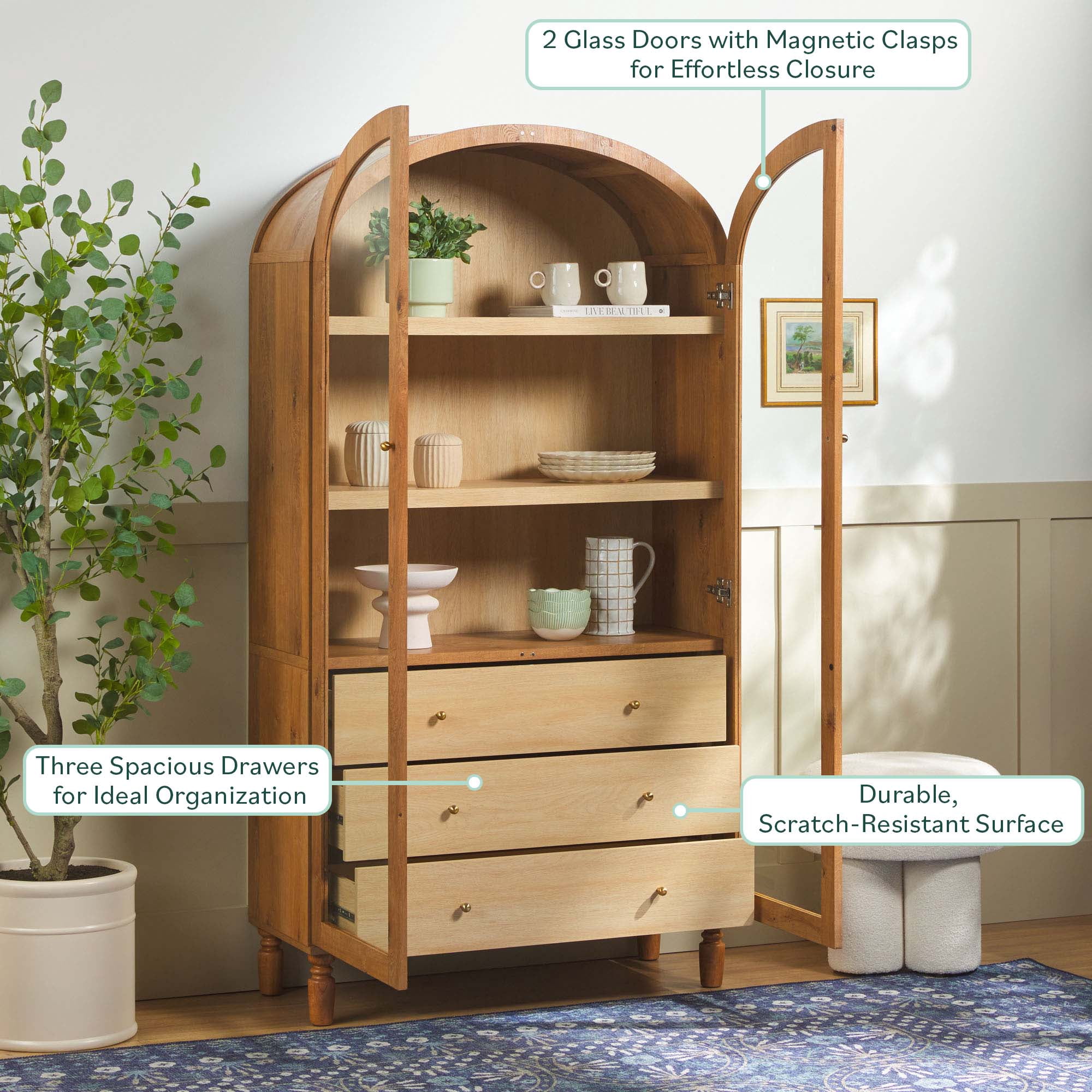 Walker Edison Modern Arched Bookshelf Tall Glass Door Cabinet with Inner Drawers, English Oak