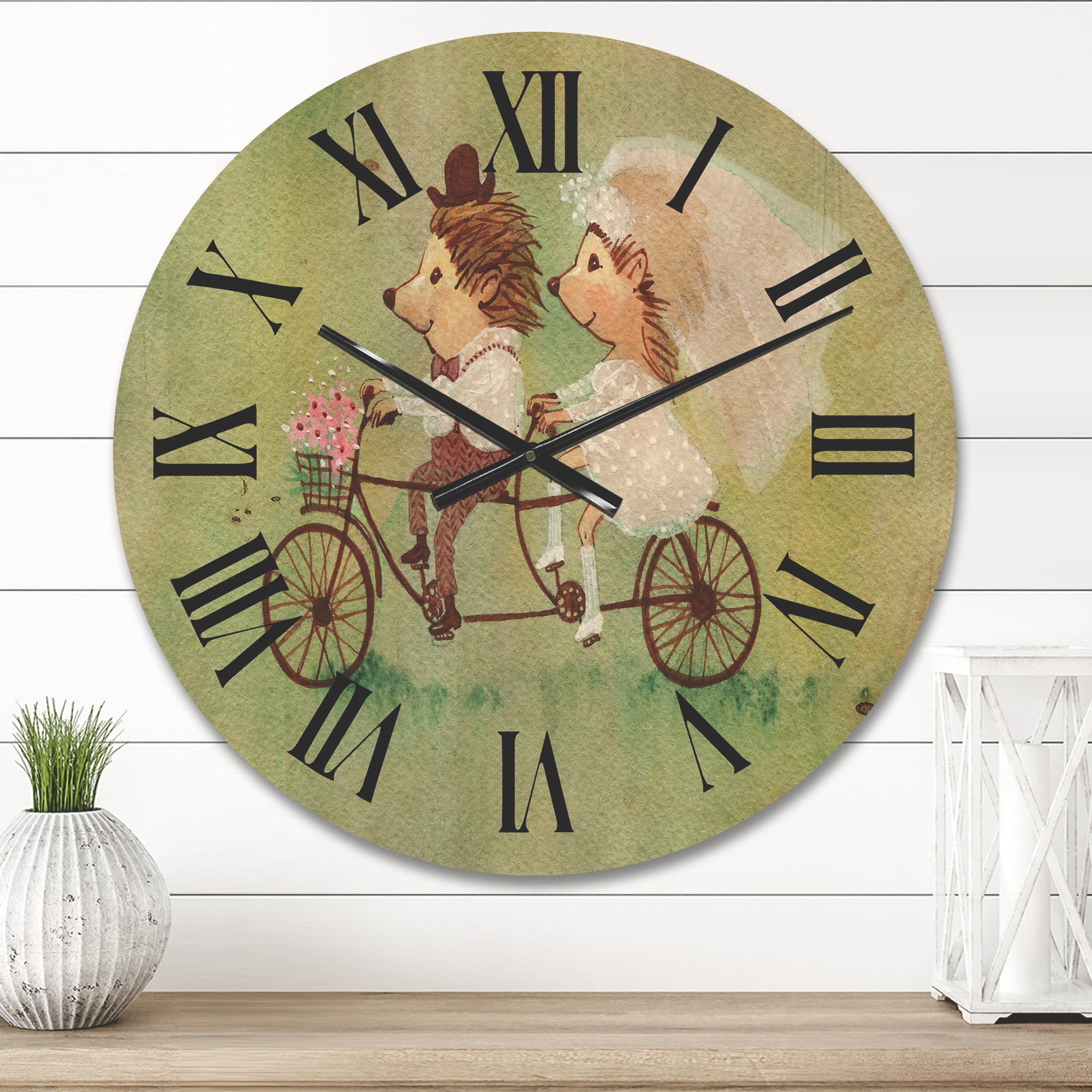 Designart 'Wedding Couple of Hedgehogs Riding A Bike' Traditional Wood Wall Clock