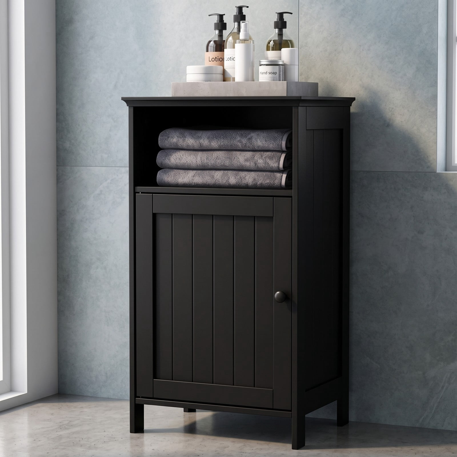 Fenbeli Bathroom Freestanding Floor Storage Cabinet with Adjustable Shelf and Open Cube, Waterproof MDF Side Organizer for Bathroom Living Room Bedroom Entryway, Black