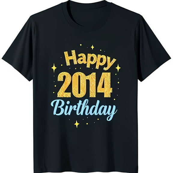 Happy 2014 Birthday Black T-Shirt with Gold & Light Blue Design Stars