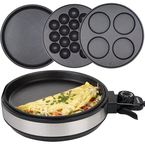 Cucinapro Multi Baker Deluxe- Baking Made Easy- Electric Appliance w Temp Control, 3 Interchangeable Skillets for Grilling, Baking or Dessert - Grilled Cheese, Omelets Pizza, Sandwiches, Cake Pops