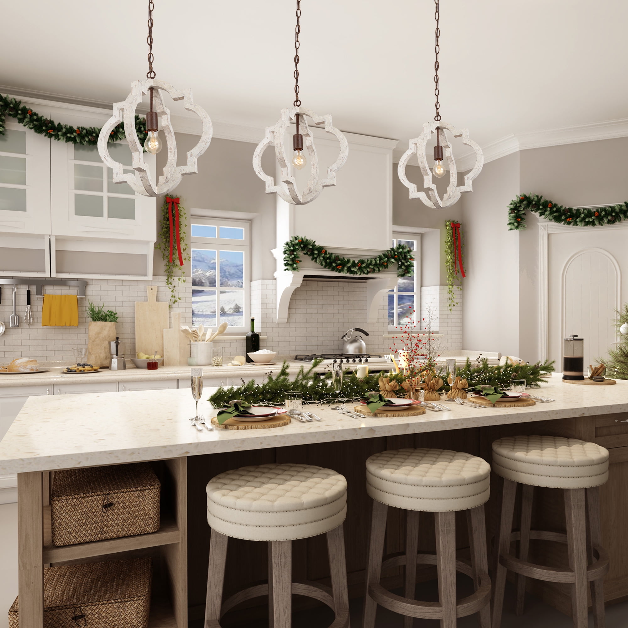LNC 1-Light Farmhouse Wood Chandelier Pendant Light with Antique White Finish for Dining Room