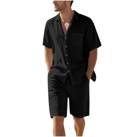 Cavosen Short Suits for Men 2PC Linen Big and Tall Oversized Short Sleeve Lapel Shirt Shorts Solid Vacation Sets