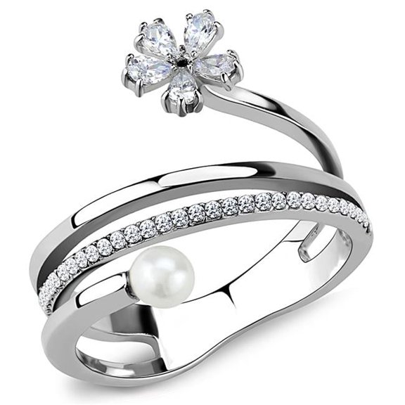 Alamode DA059-5 Women High Polished Stainless Steel Ring with Synthetic in White - Size 5