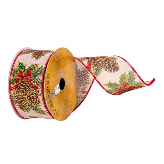 Vickerman Q214641 2.5 in. x 10 Yards Cream Pinecone Red Bow Ribbon