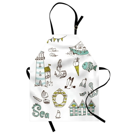 Nautical Apron Marine Elements Fish Lighthouse Anchor Vessel Swimsuit Gulls Lifebuoy Print, Unisex Kitchen Bib Apron with Adjustable Neck for Cooking Baking Gardening, Pale Green Yellow, by