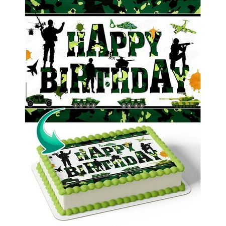 TNCT Soldier Military Camo Edible Cake Topper, Personalized 1/4 Sheet Birthday Cake Banner for Army and Military Enthusiasts