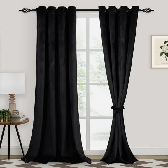 XWZO Velvet Blackout Curtains 108 Inches Long - Extra Long Room Darkening Thermal Insulating Grommet Window Curtain Drapes for Parlor/Gallery/Dining with Tiebacks, Black, W52 x L108, Set of 2