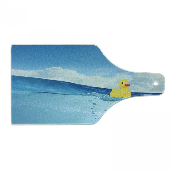 Rubber Duck Cutting Board, Little Duckling Toy Swimming in Pond Pool Sea Sunny Day Floating on Water, Tempered Glass Cutting and Serving Board, Wine Bottle Shape, Blue and Yellow, by Ambesonne