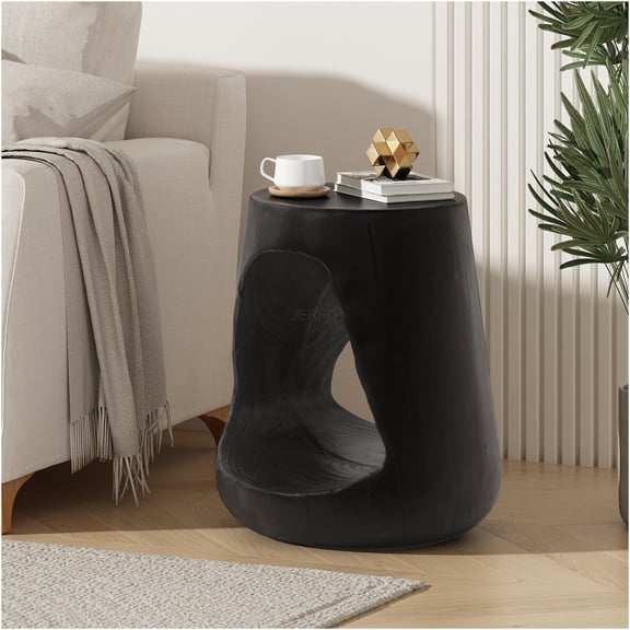 JERFIT Modern Outdoor End Table, 17-inch Round Accent Table for Patio, Garden, Living Room, Black Wood Grain Finish, No Assembly Needed