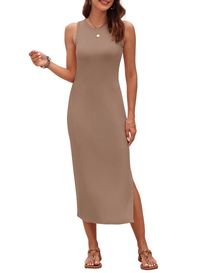 Outfitshow Women Ribbed Knit Bodycon Dress Sleeveless Crew Neck Midi Summer Dress with Side Split, Women's, Size: Medium, Green