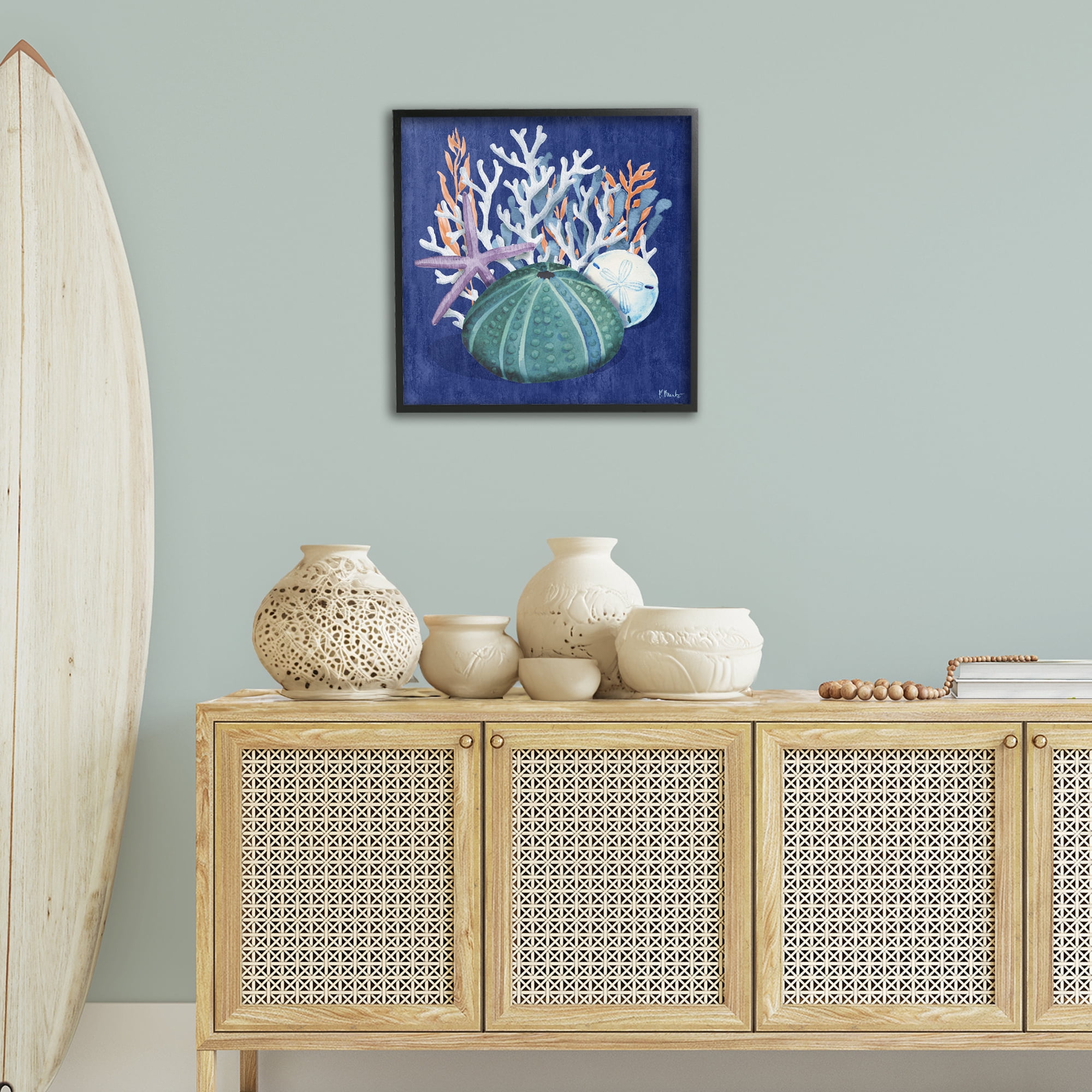 Stupell Industries Monterey Urchin & Coral Coastal Painting Black Framed Art Print Wall Art, 24 x 24