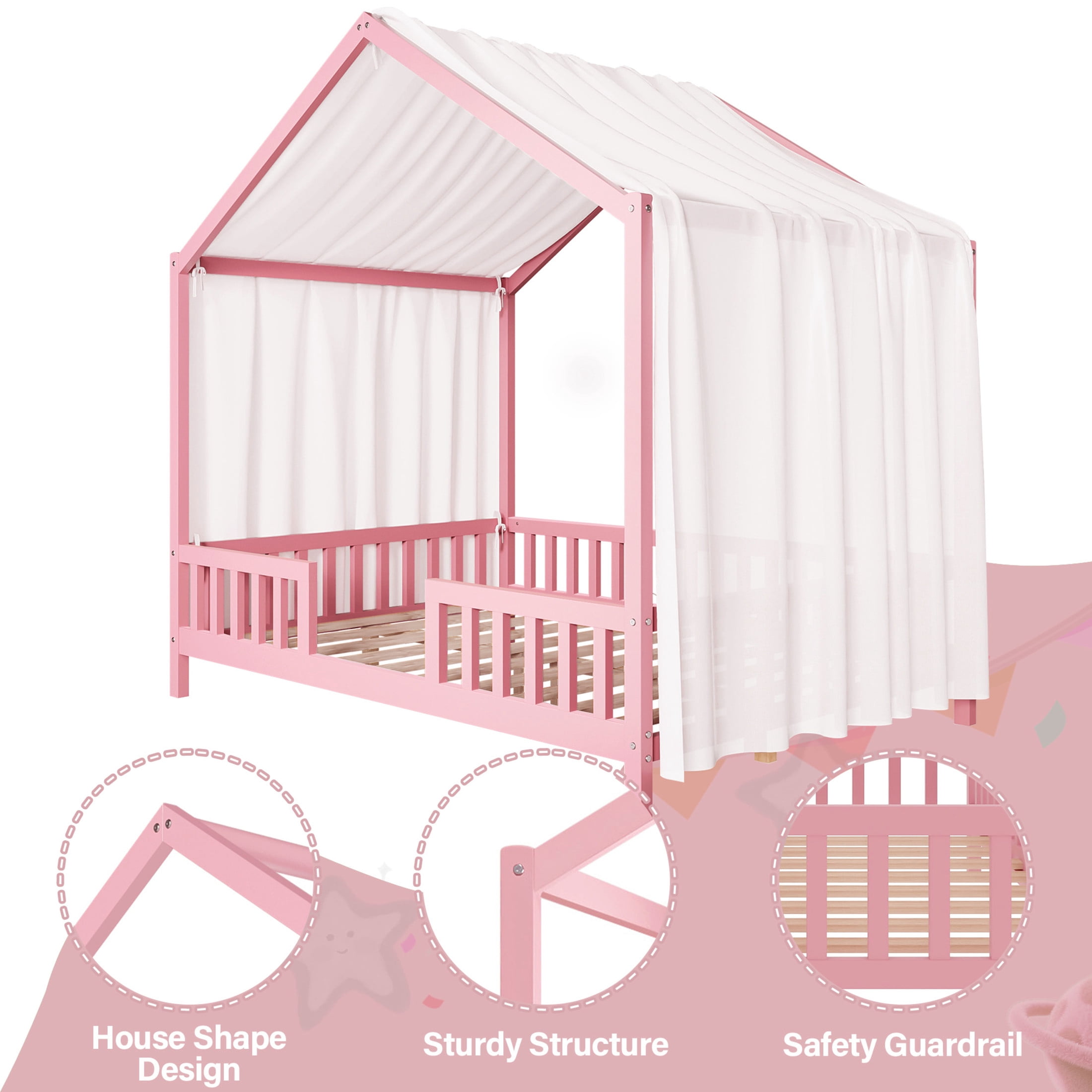 Noble House Full Floor Bed with Canopy and Guardrails, Wood House Bed Frame for Kids, Pink