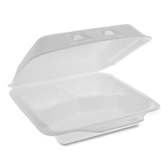 Pactiv Smartlock Foam Hinged Containers, Small, 7.5 X 8 X 2.63, 3-compartment, White, 150/carton