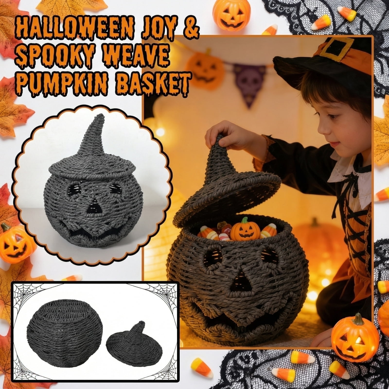 Decorr Halloween Pumpkin Basket Decor, 9x10" Black Woven Jack-O-Lantern with Witch Hat, Spooky Halloween Treat Bucket, Handwoven Halloween Party Decor & Trick-or-Treat Basket