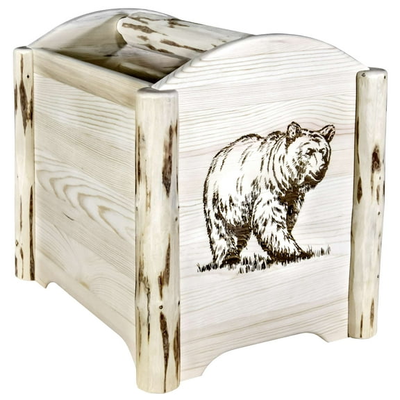 Montana Collection Magazine Rack w/ Laser Engraved Bear Design, Clear Lacquer Finish