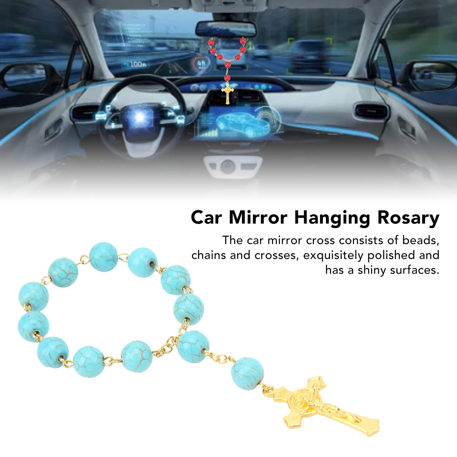 Chapelet Suspendu Pour Rétroviseur De Voiture - Perles Turquoise Et Croix En Alliage - Décoration Auto Ou Bracelet - Couleur Bleu