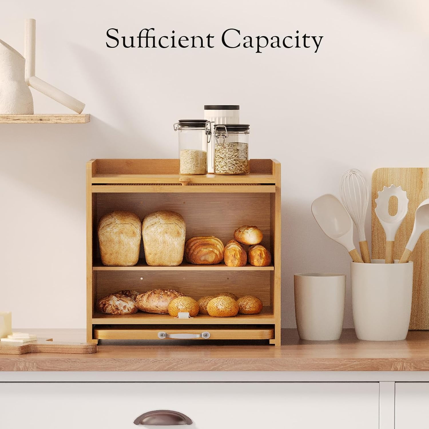 Bread Box with Cutting Board, Double Layer Kitchen Counter Organizer for Fruits Spices Coffee, Natural Vintage Storage Bin