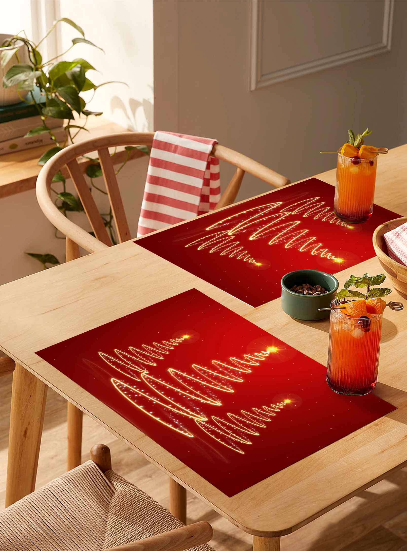 Winter Christmas Placemats Set of 8 Abstract Lights Tree Red Background Heat Insulation Washable Place Mats, Rustic Non-Slip Table Mats for Dining Table Party Kitchen Decor,13x19 Inch