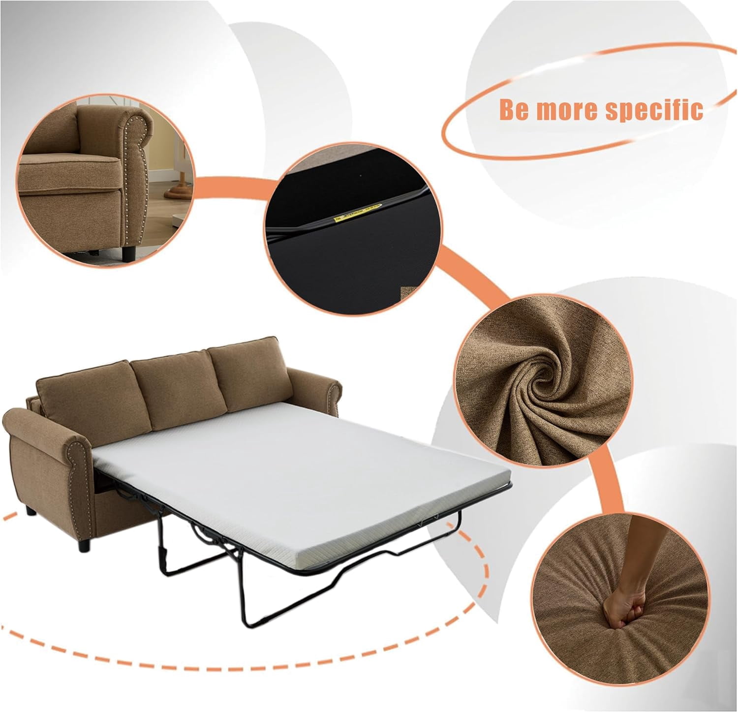 Sleeper Sofa Bed Full Size, Pull Out Couch with Mattress, 81.5'' 3 Seater Upholstery Sectional Couches, Modern Linen Convertible Sofa, Living Room Furniture for Small Spaces, Apartment, Brown