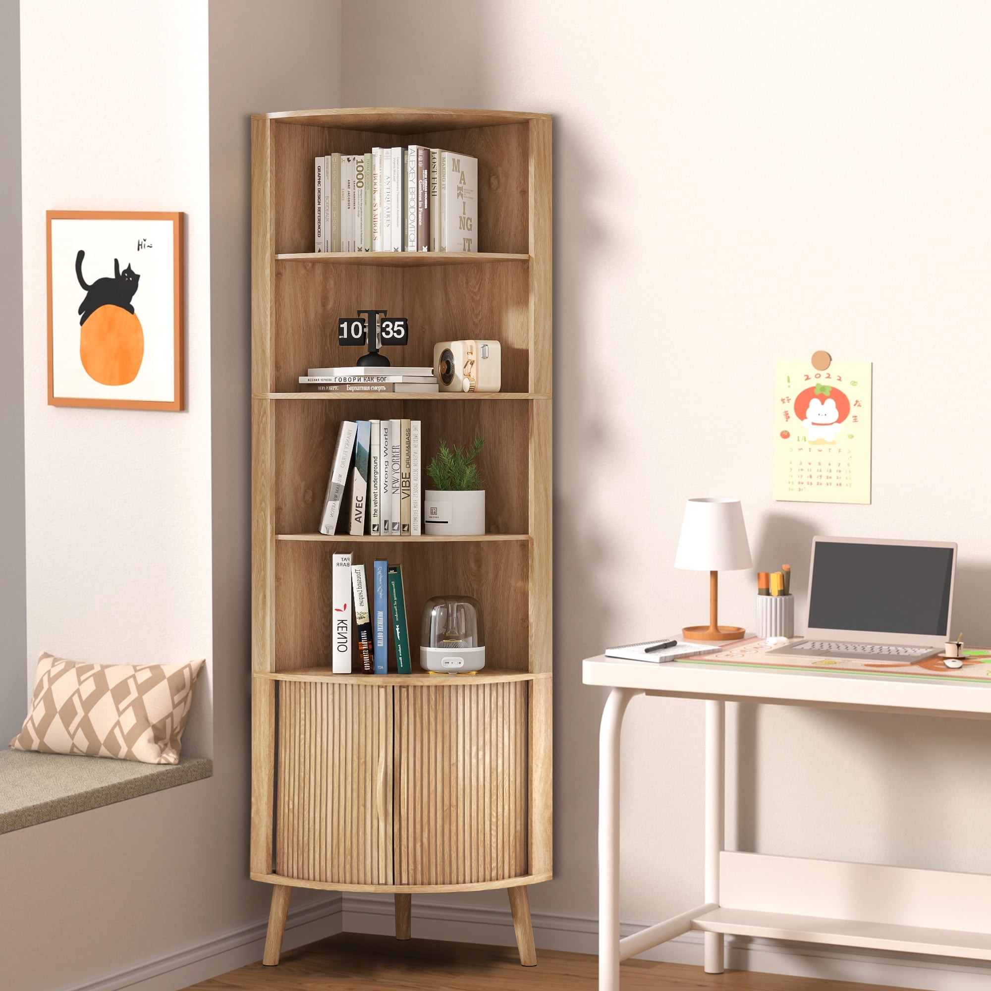 Bathroom Floor Corner Cabinet with Doors, Freestanding Narrow Storage Cabinets for Living Room, Kitchen, Walnut Color