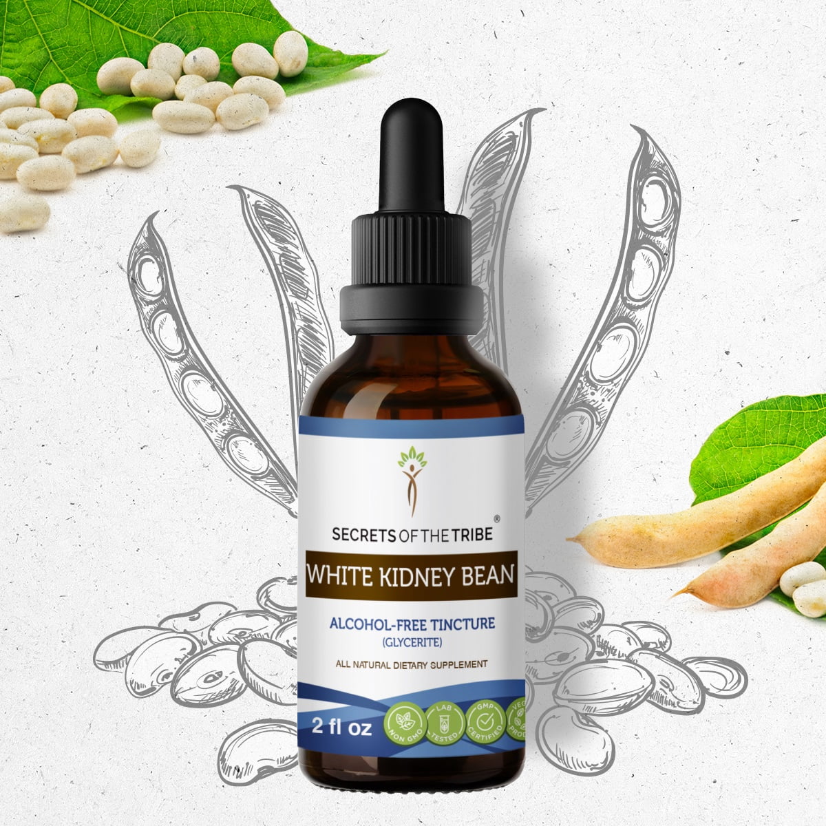 Secrets Of The Tribe White Kidney Bean Tincture Dietary Supplement, Natural Herbal Extract for Weight Support, White Kidney Bean (Phaseolus vulgaris) Dried bean, Alcohol-Free Extract, Drops 2 oz
