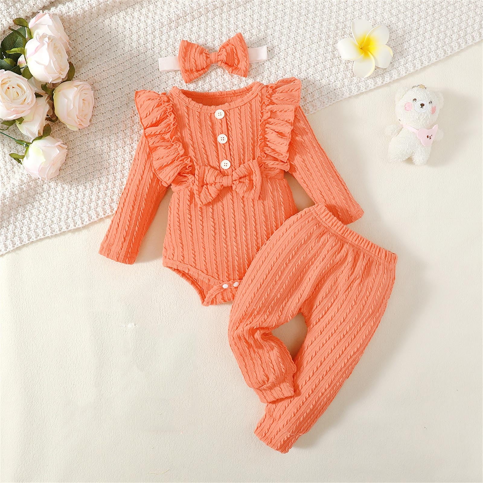 SHTXOZHI Baby Girls Fall Winter Clothes Long Sleeve Ruffle Romper Pants Headband Toddler Outfit