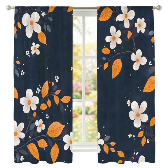 Spring White Flowers Sheer Curtains 63 inches Long, Retro Pastoral Orange Leaf Light Filtering Sheer Window Curtains Rod Pocket Voile Drapes for Bedroom Living Room, 2 Panels